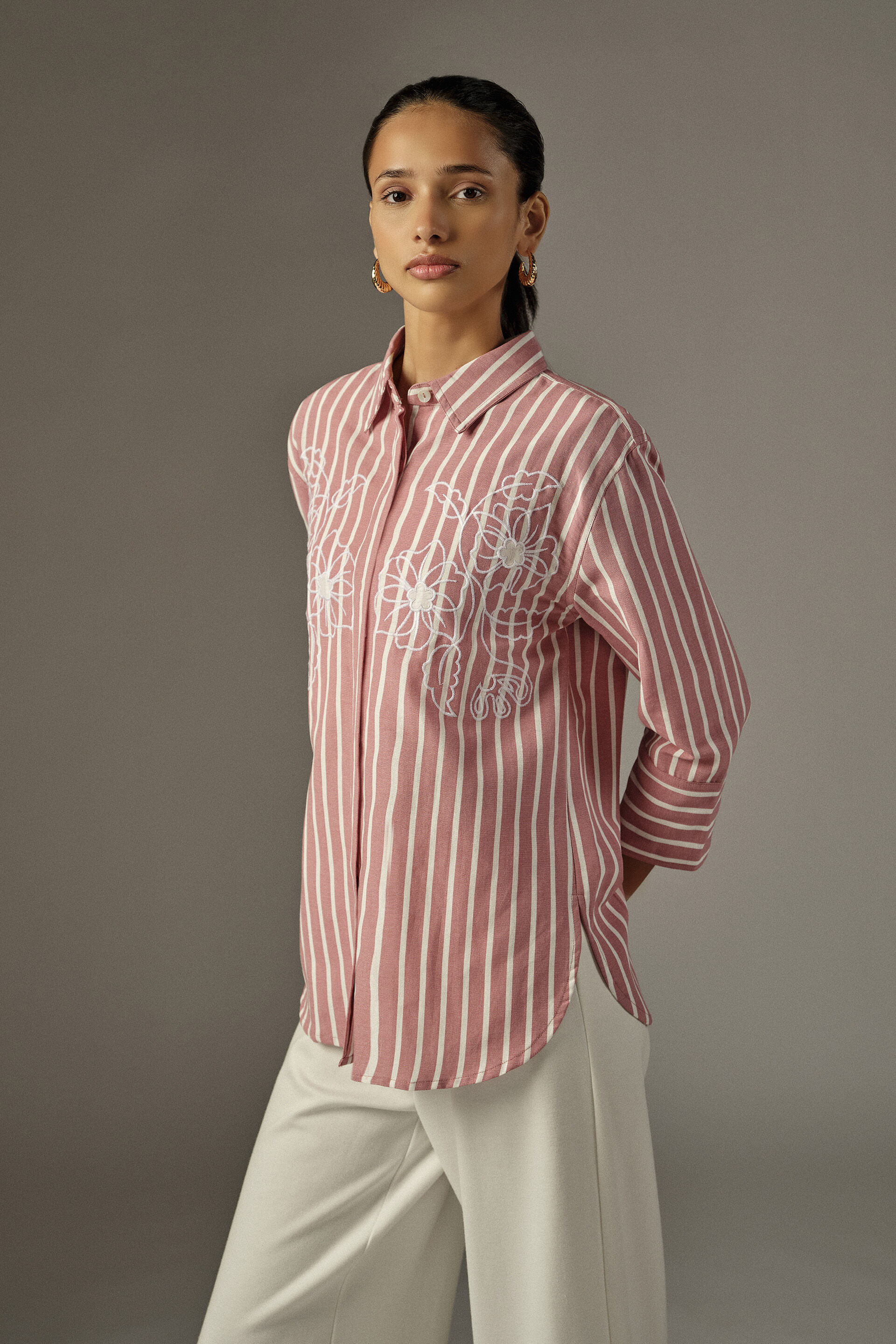 Striped & Embroidered Shirt in Pink, Pink, image 5